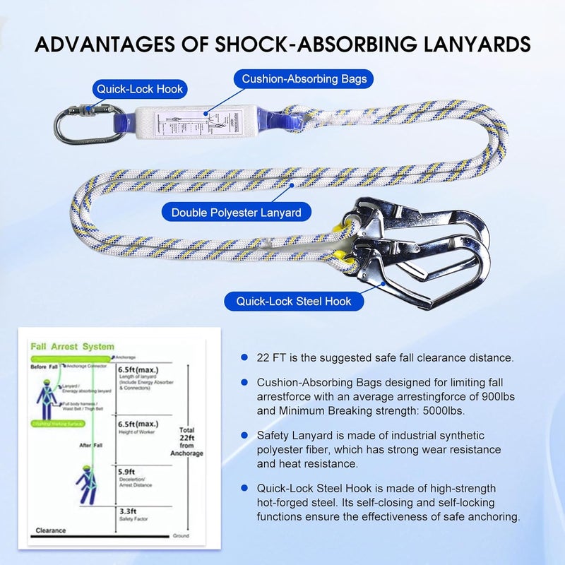 Whitedew Fall Protection Premium Safety Harness with Shock Absorbing Lanyard, Vented & Padded Shoulder, Legs & Back - Upgrade 4 Quick Buckles (Blue) - Image 5